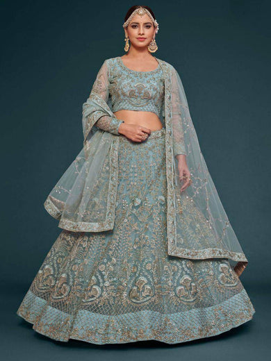 Exquisite Sky-Blue Dori Work Soft Net Ceremony Wear Lehenga Choli